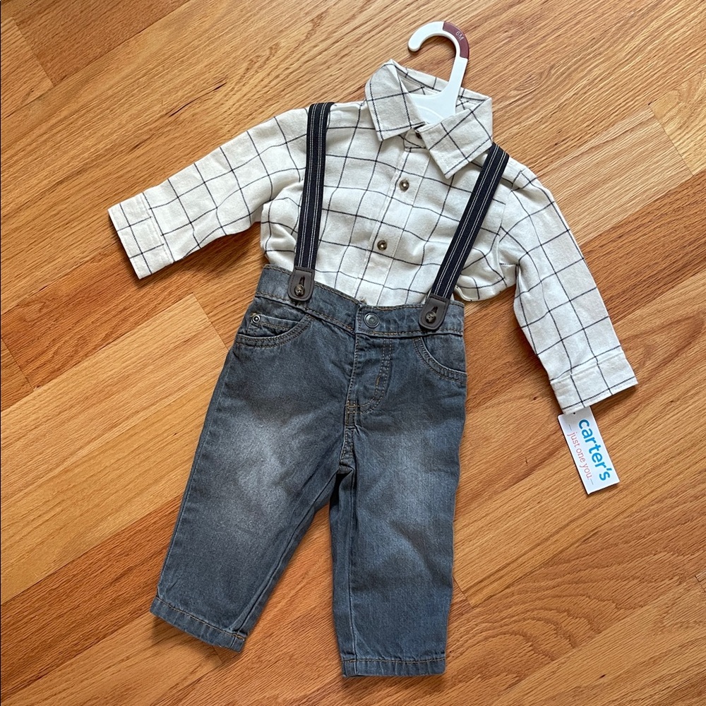 NWT Carter's Plaid Shirt and Gray Overalls Set